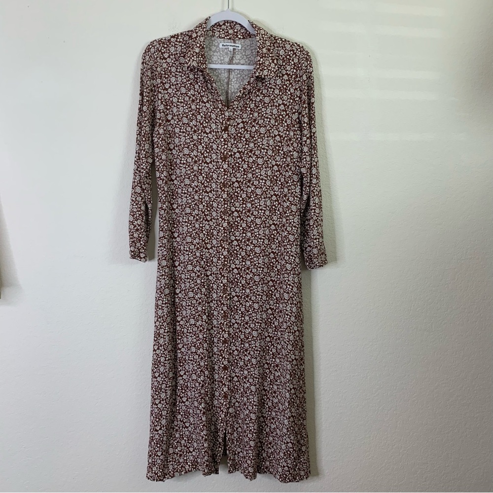 Reformation Brighton Long sleeve button down midi dress in chocolatier Floral L